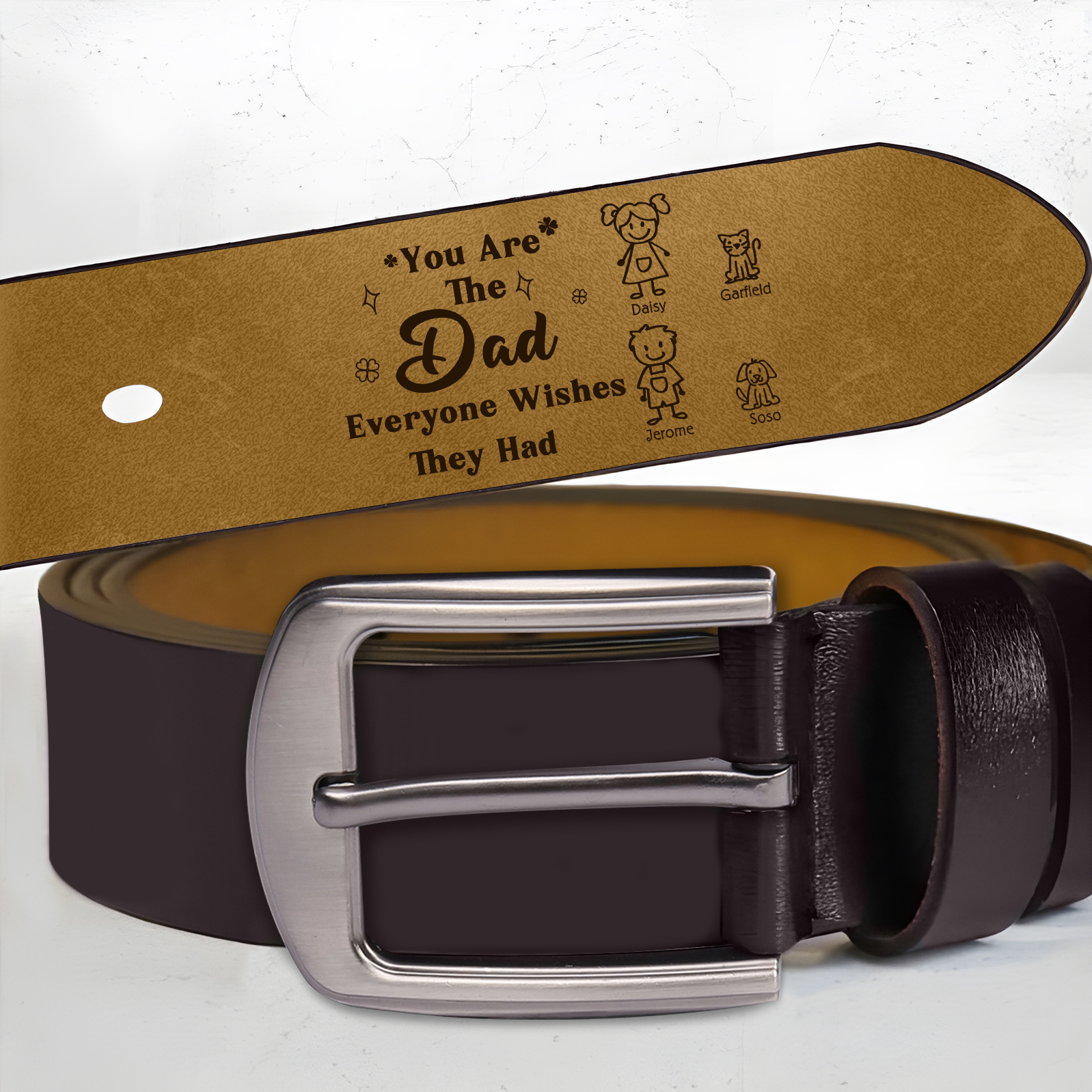 Personalised 4 Names Leather Belt, Custom Adjustable Man Belt Gift for Dad | Jessemade