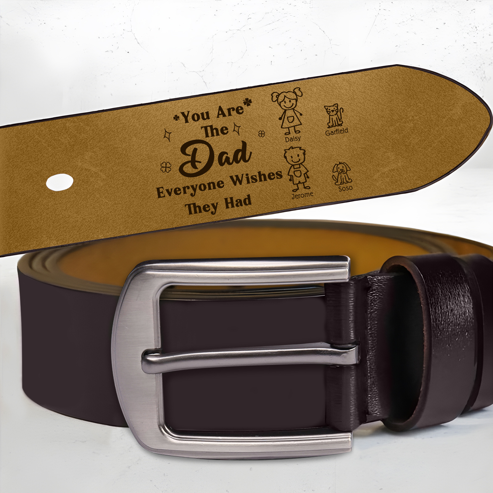 Personalised 4 Names Leather Belt, Custom Adjustable Man Belt Gift for Dad | Jessemade