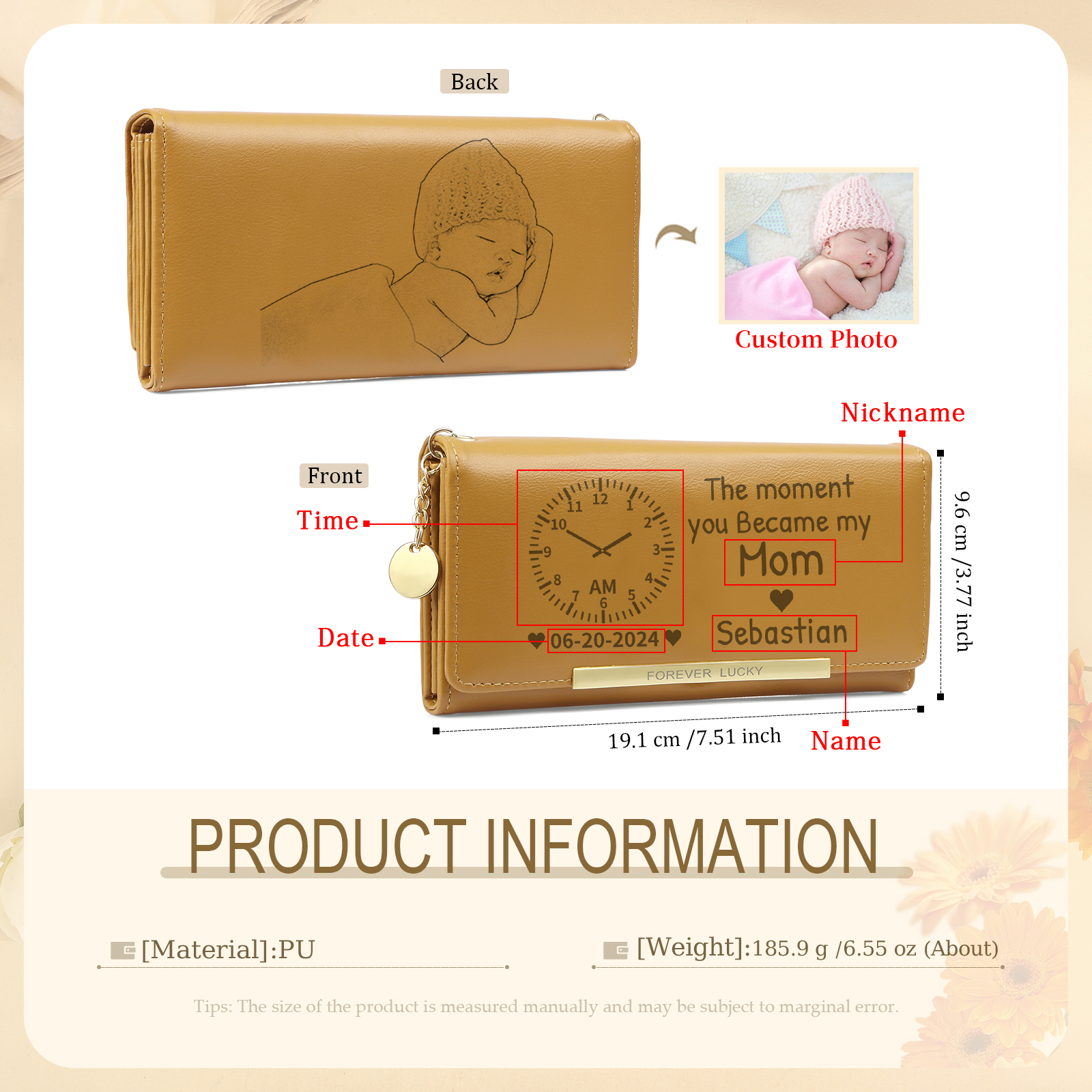 Personalised Women's Wallet with Custom Photo  – PU Leather Ladies Purse in Blue & Pink & Yellow Mother's Day Gift for Mum/Nan | Jessemade