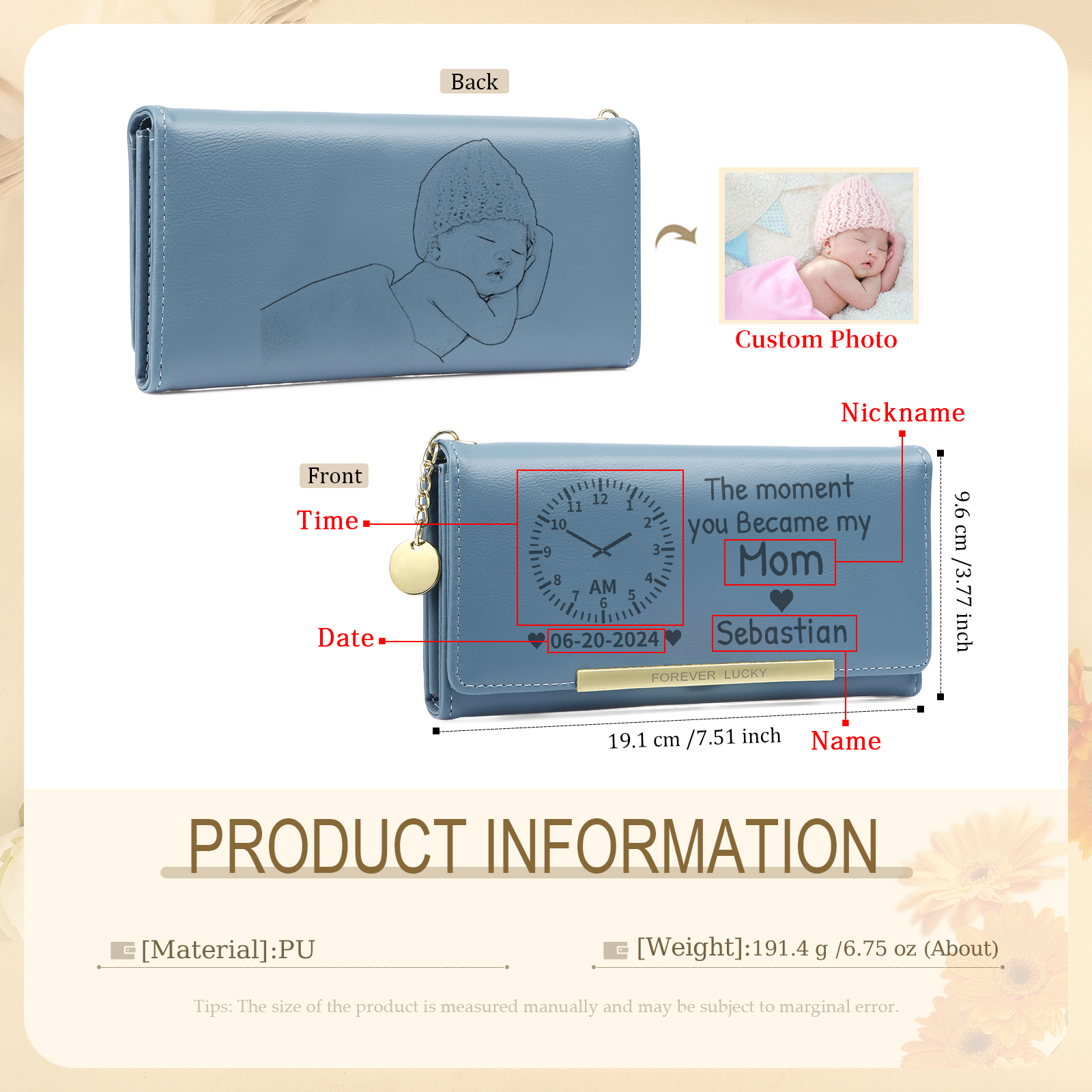 Personalised Women's Wallet with Custom Photo  – PU Leather Ladies Purse in Blue & Pink & Yellow Mother's Day Gift for Mum/Nan | Jessemade