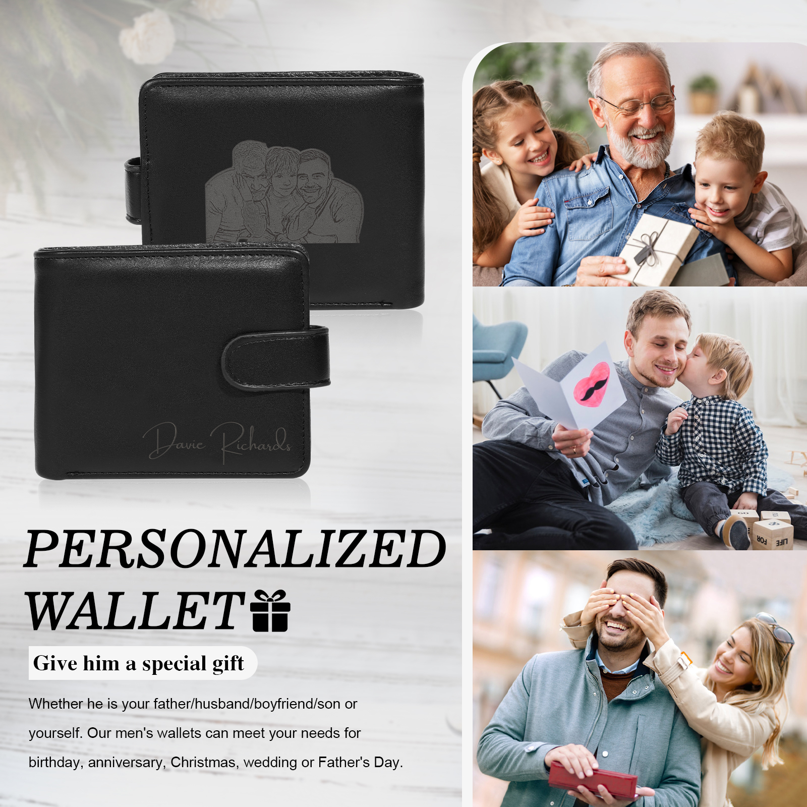 Personalised Wallet for Men with Name & Photo – Premium PU Leather Wallet with Coin Pouch – Ideal Father’s Day Gift | Jessemade
