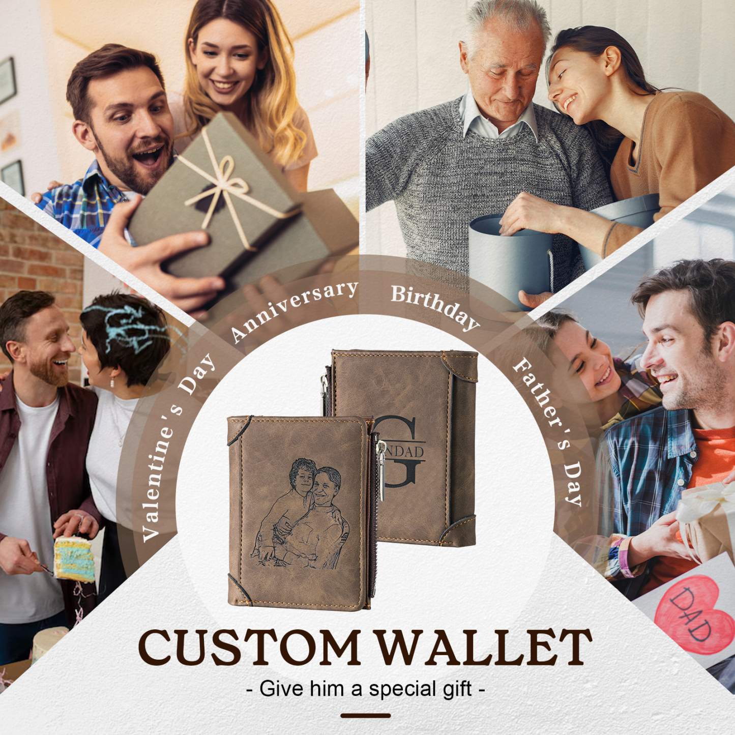 2 Names-Personalised Doll Customized Leather Men's Wallet Customized Name Folding Wallet With Gift Box for Dad