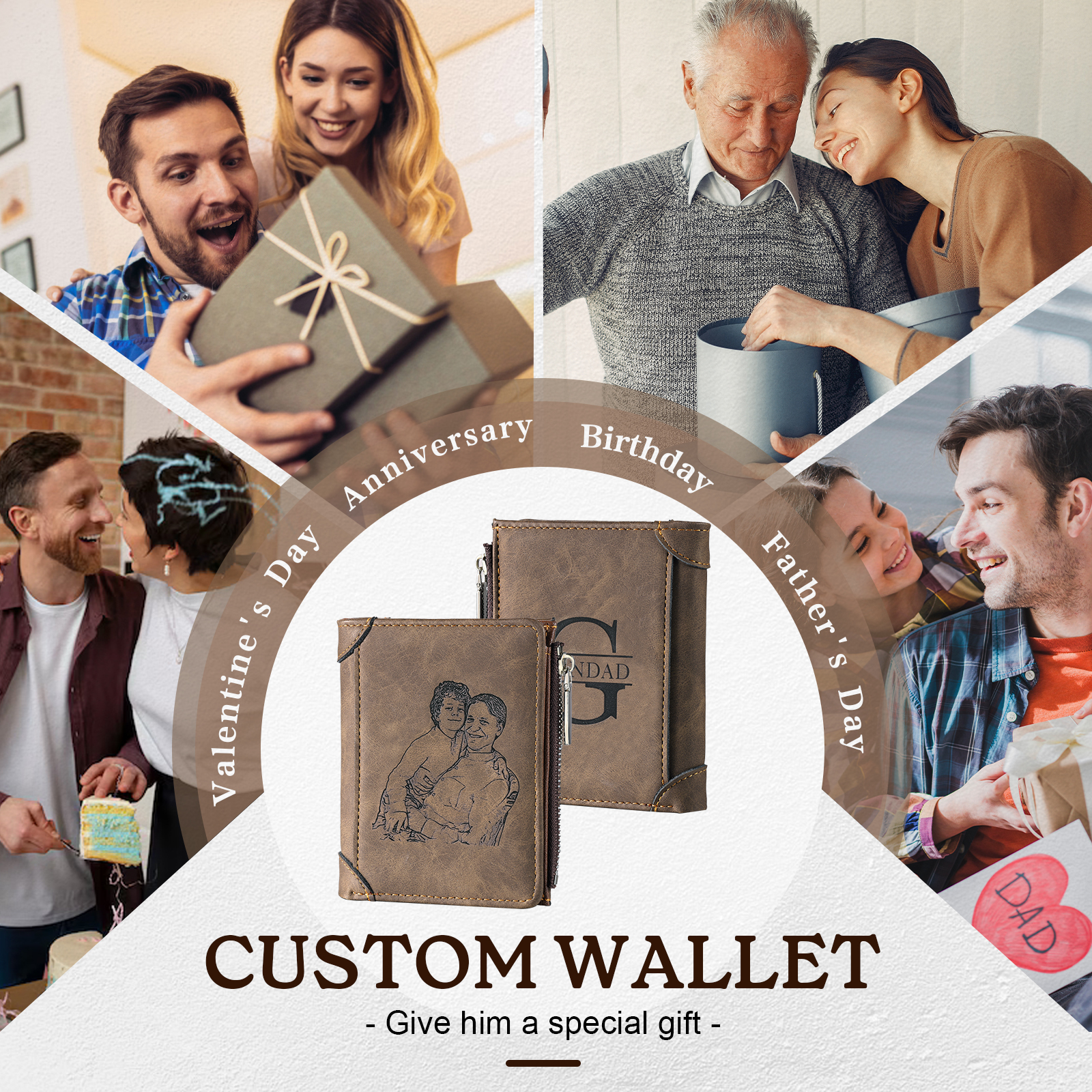 2 Names-Personalised Doll Customized Leather Men's Wallet Customized Name Folding Wallet With Gift Box for Dad