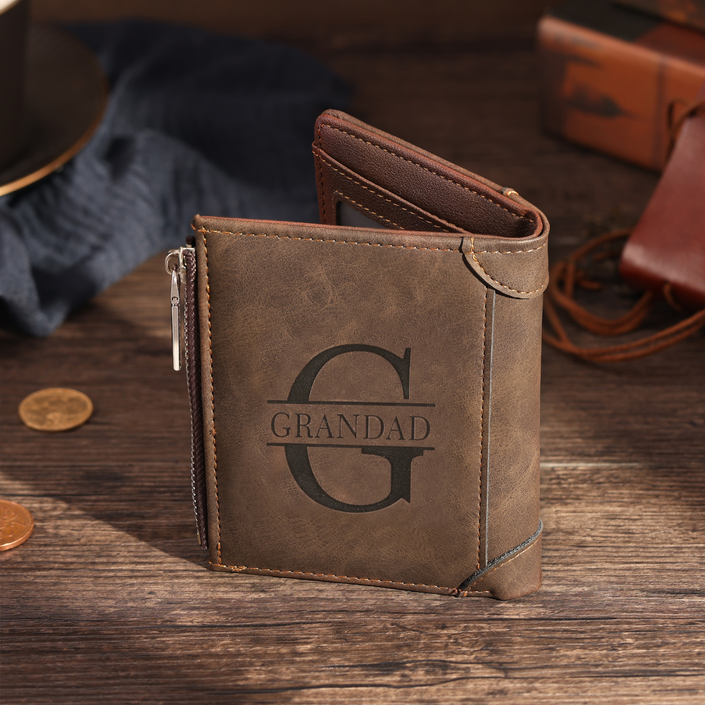 2 Names-Personalised Doll Customized Leather Men's Wallet Customized Name Folding Wallet With Gift Box for Dad