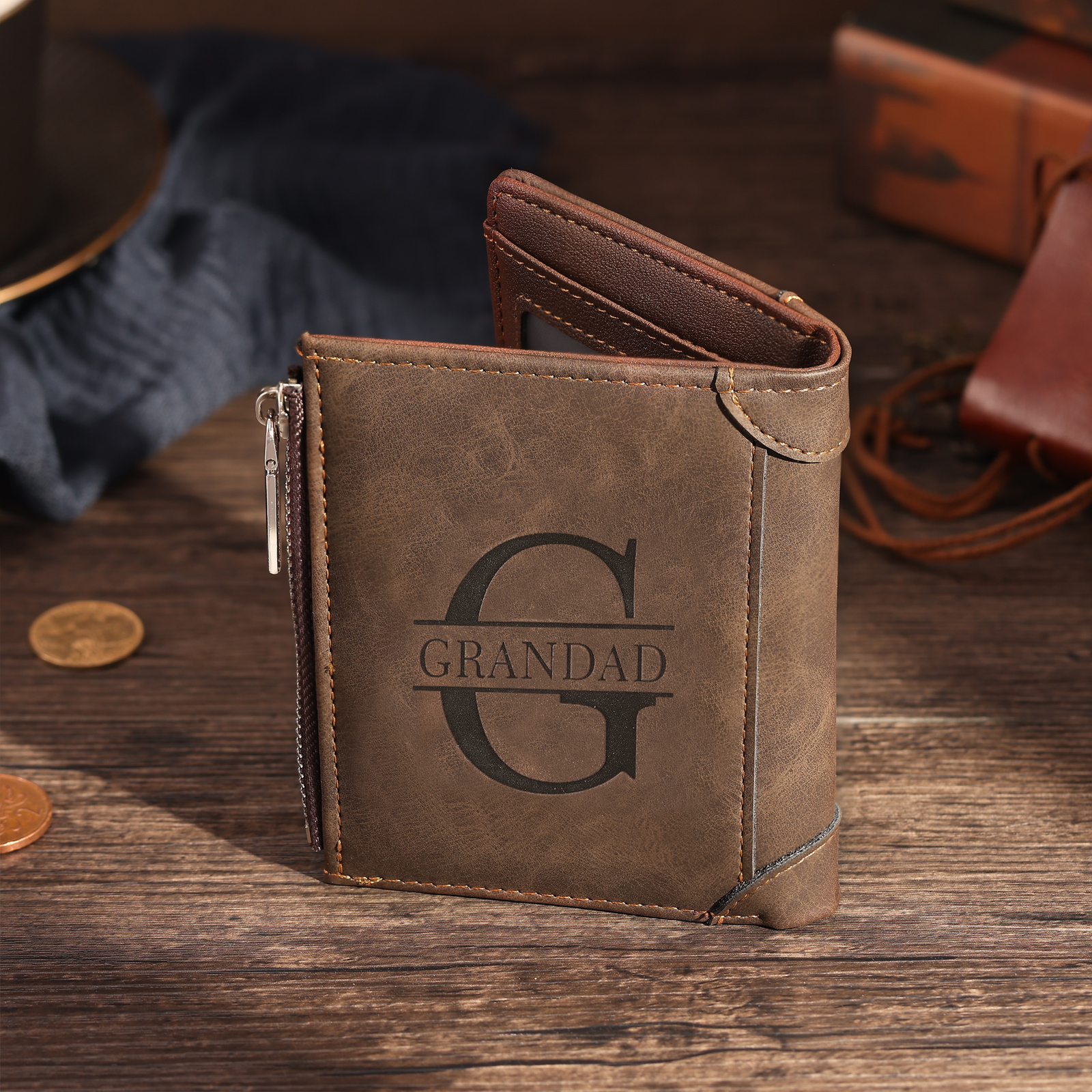 2 Names-Personalised Doll Customized Leather Men's Wallet Customized Name Folding Wallet With Gift Box for Dad