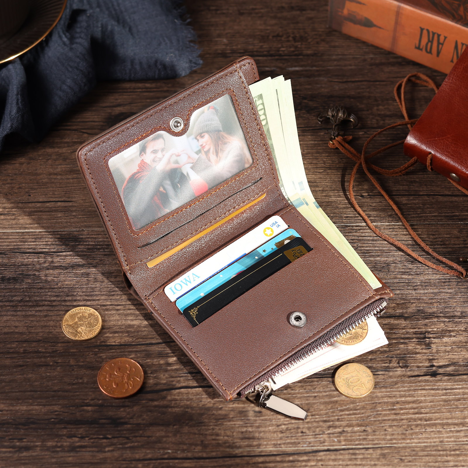 2 Names-Personalised Doll Customized Leather Men's Wallet Customized Name Folding Wallet With Gift Box for Dad
