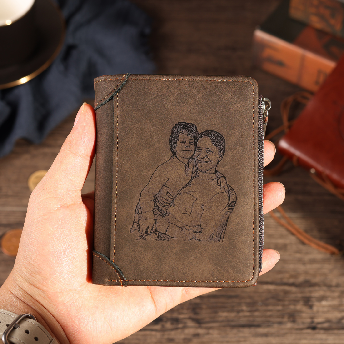 2 Names-Personalised Doll Customized Leather Men's Wallet Customized Name Folding Wallet With Gift Box for Dad