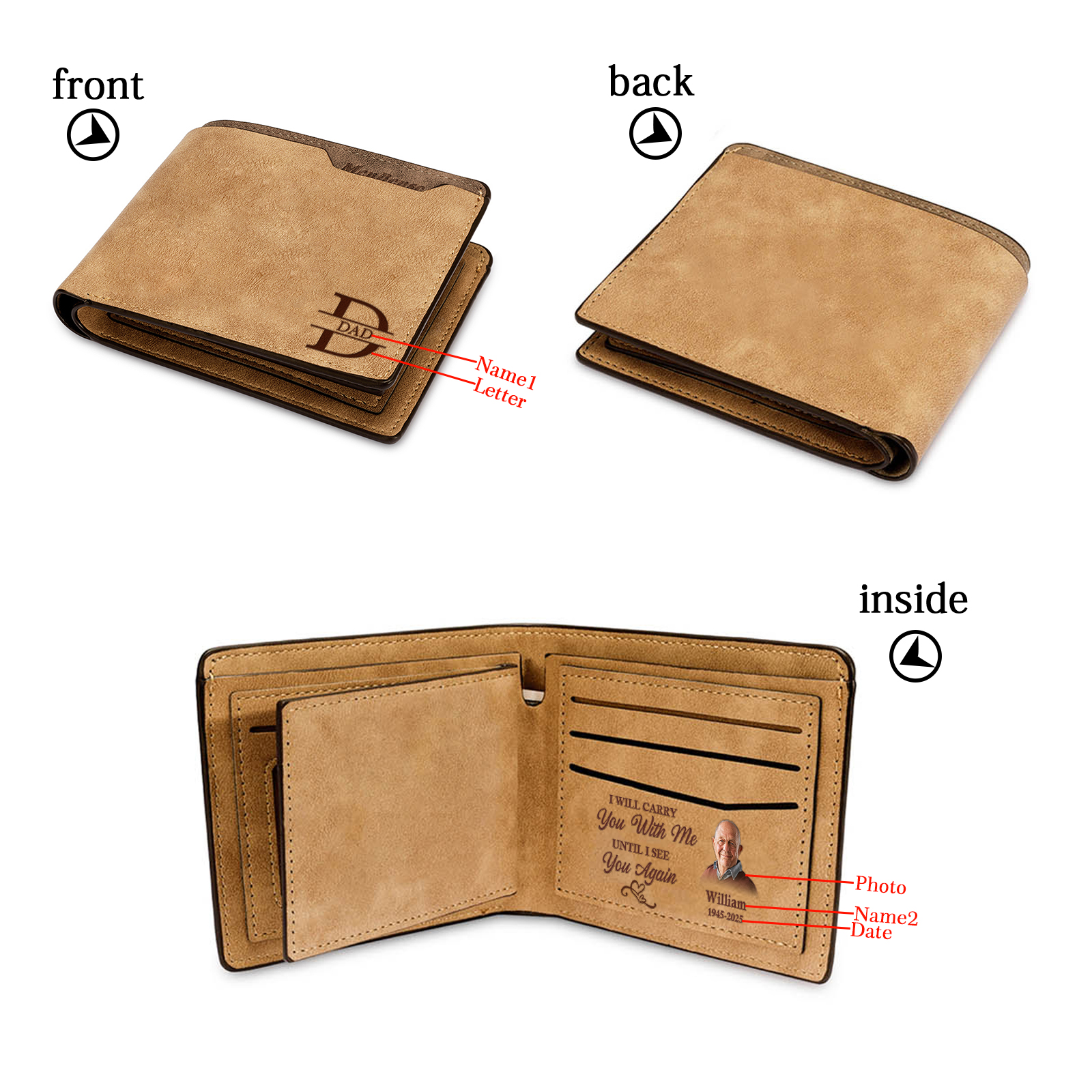 Custom Wallet for Men – Personalised Engraved Leather Wallet for Dad – Photo, Name & Date Customisation | Jessemade