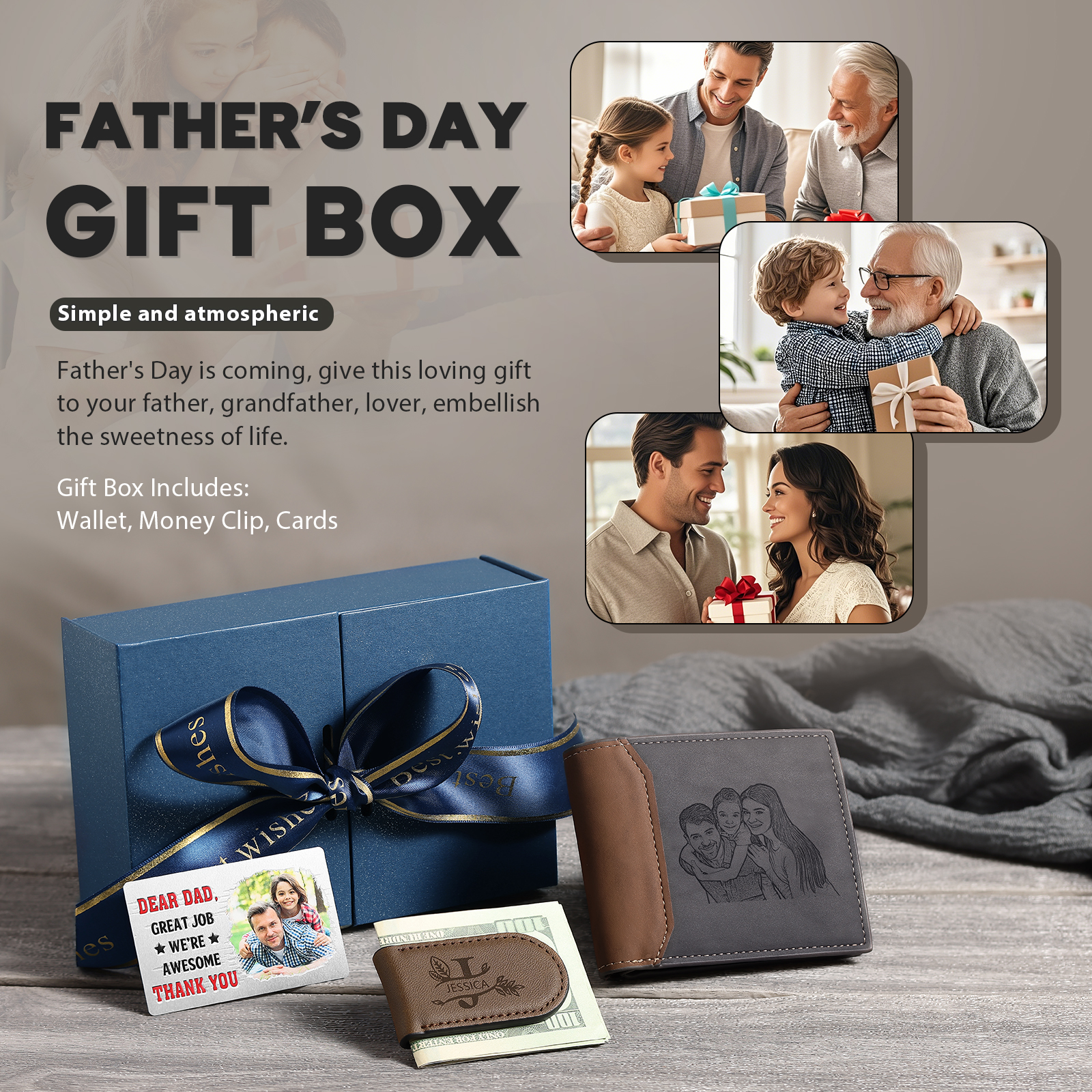 Personalised Wallet Gift Box Set for Dad – Custom Engraved Wallet, Money Clip and Photo Card in Luxury Presentation Box | Jessemade