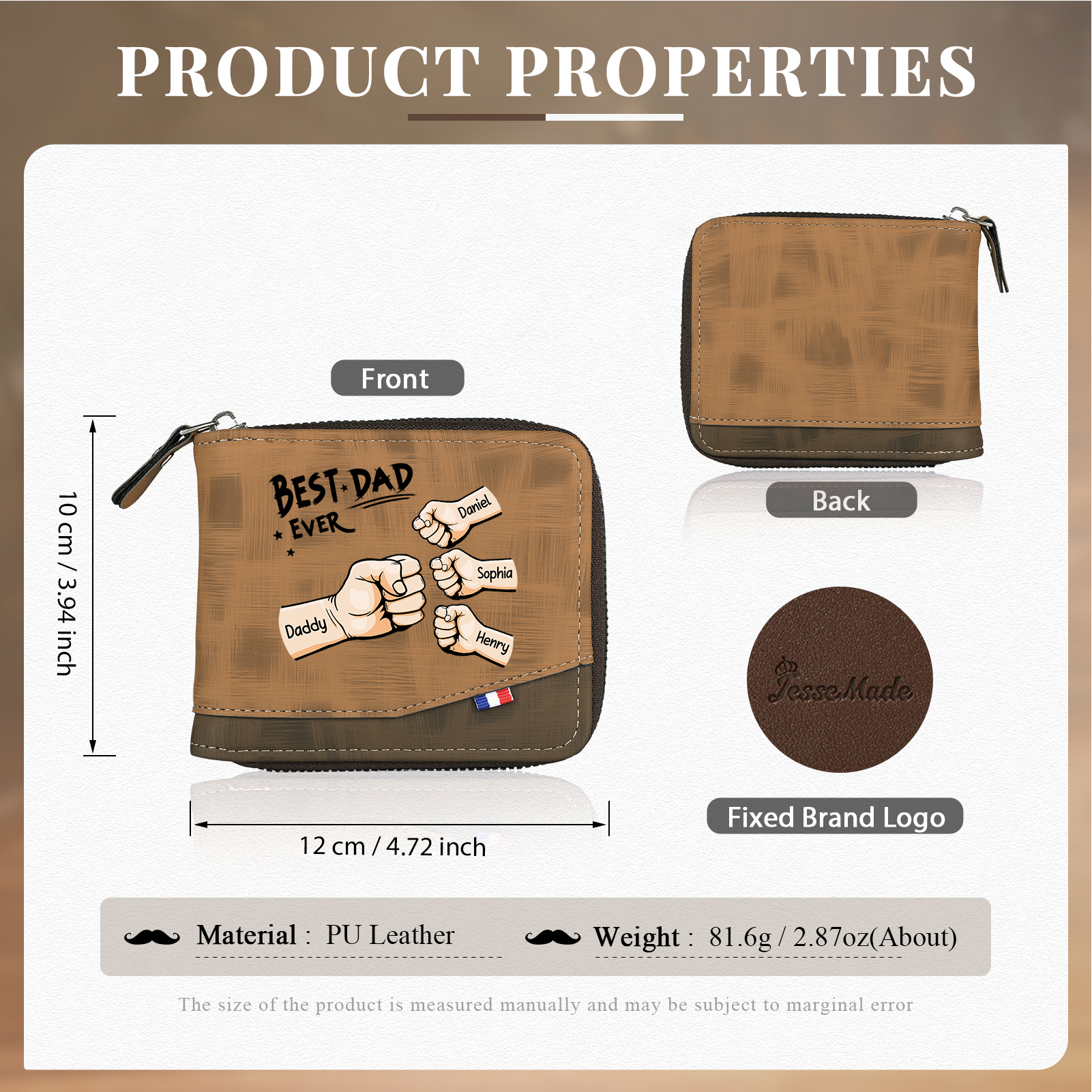 4 Names & 1 Text Custom Wallet for Men – Personalized Best Dad Gift, Perfect for Father's Day | Jessemade