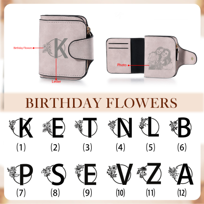 Personalised Photo & Initial & Birthflower PU Leather Wallet for Women | Jessemade