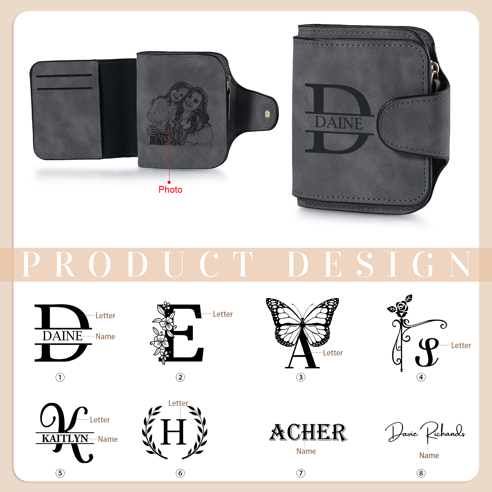 Personalised Photo & Initial & Name PU Leather Wallet for Women | Jessemade