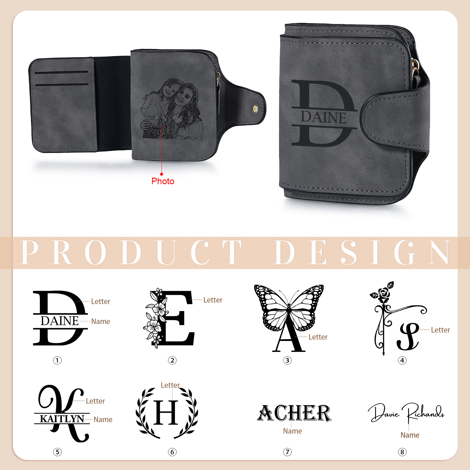 Personalised Photo & Initial & Name PU Leather Wallet for Women | Jessemade