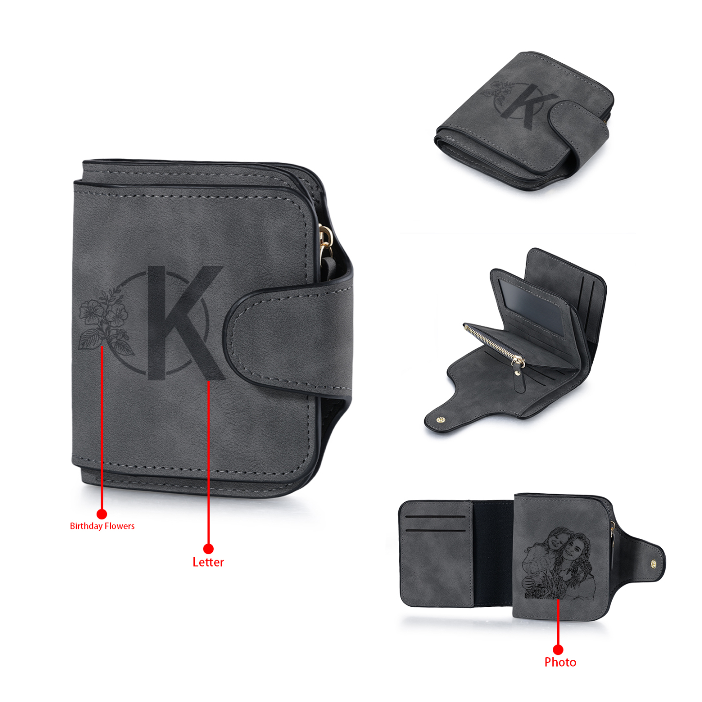Personalised Photo & Initial & Birthflower PU Leather Wallet for Women | Jessemade