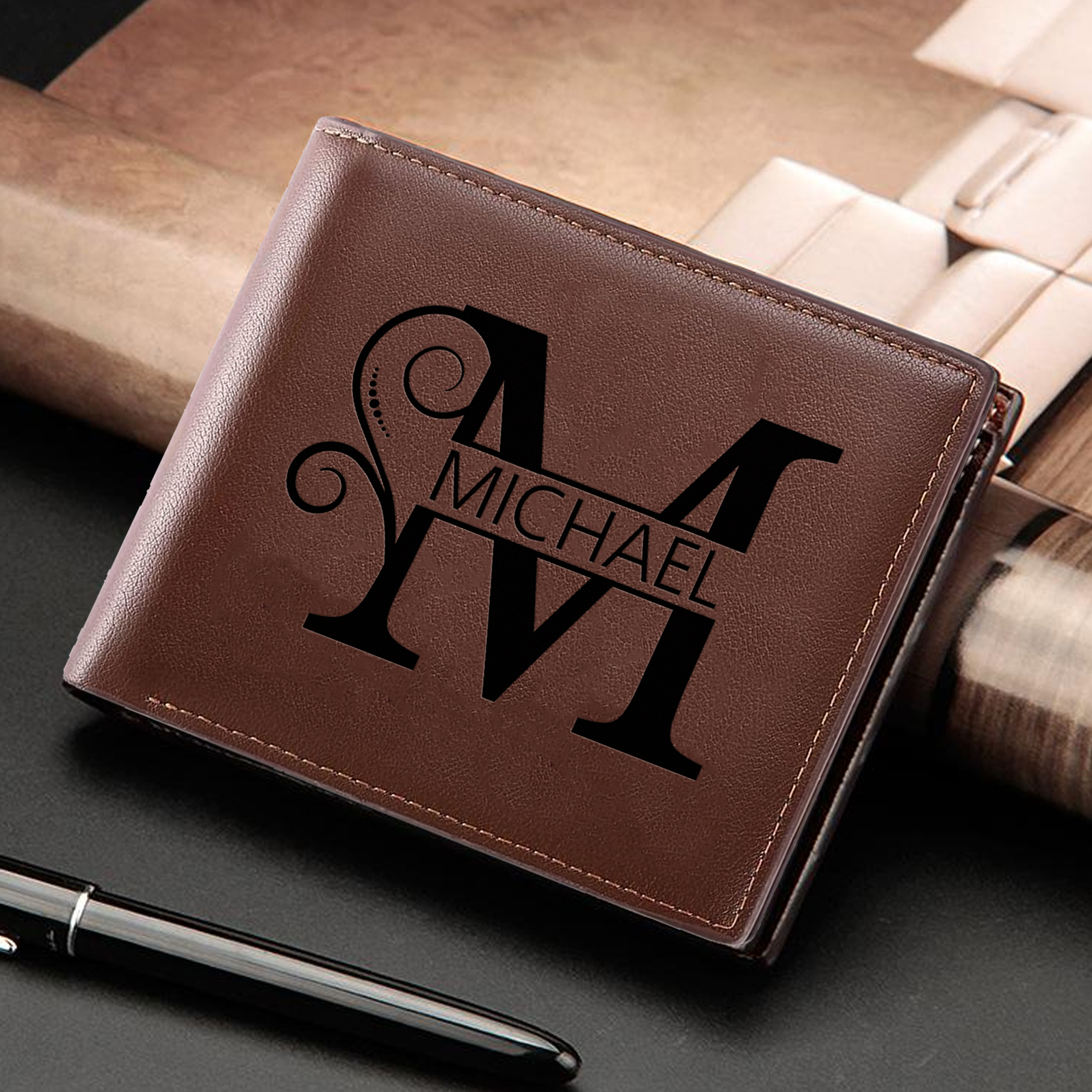 Personalised Elegant Brown Leather Wallet with Name & Initial – Custom Monogram Wallet for Men | Jessemade