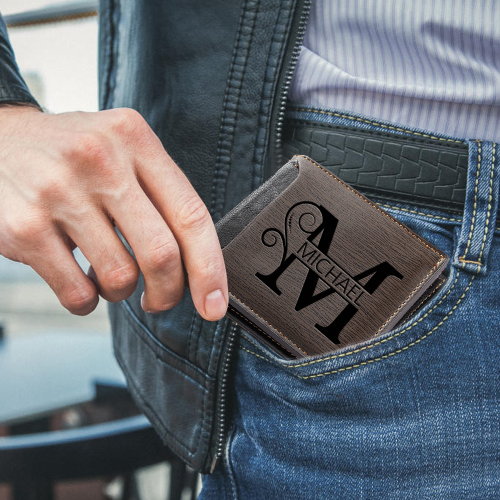 Personalised Elegant Wood-Style Personalised Wallet – Name & Initial Engraved | Jessemade