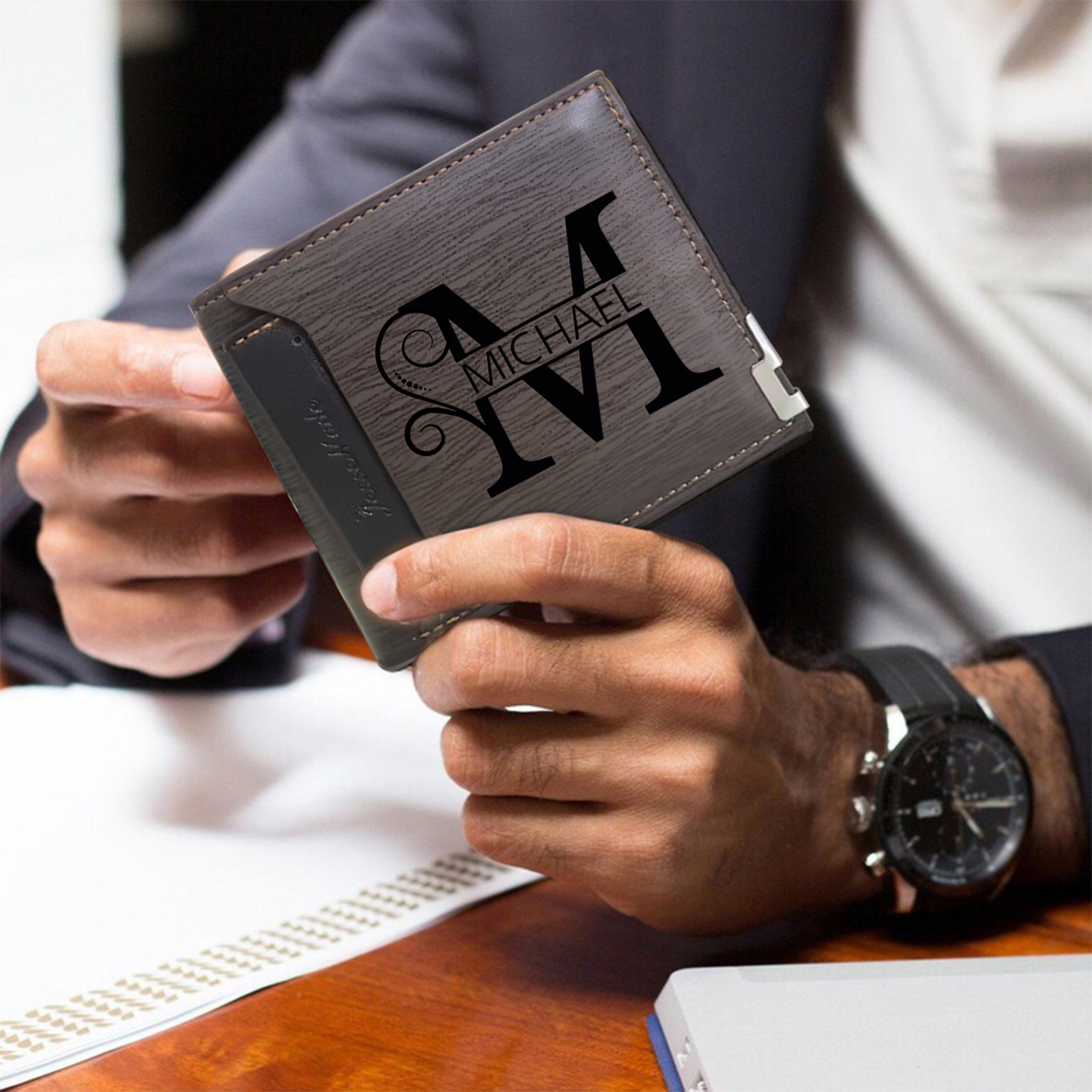 Personalised Elegant Wood-Style Personalised Wallet – Name & Initial Engraved | Jessemade