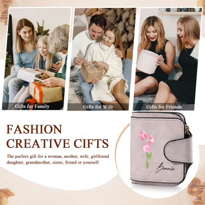 1 Name Personalised Birth Flower Women's Wallet - Custom Purse for Mum | Jessemade