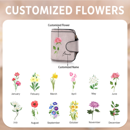 1 Name Personalised Birth Flower Women's Wallet - Custom Purse for Mum | Jessemade