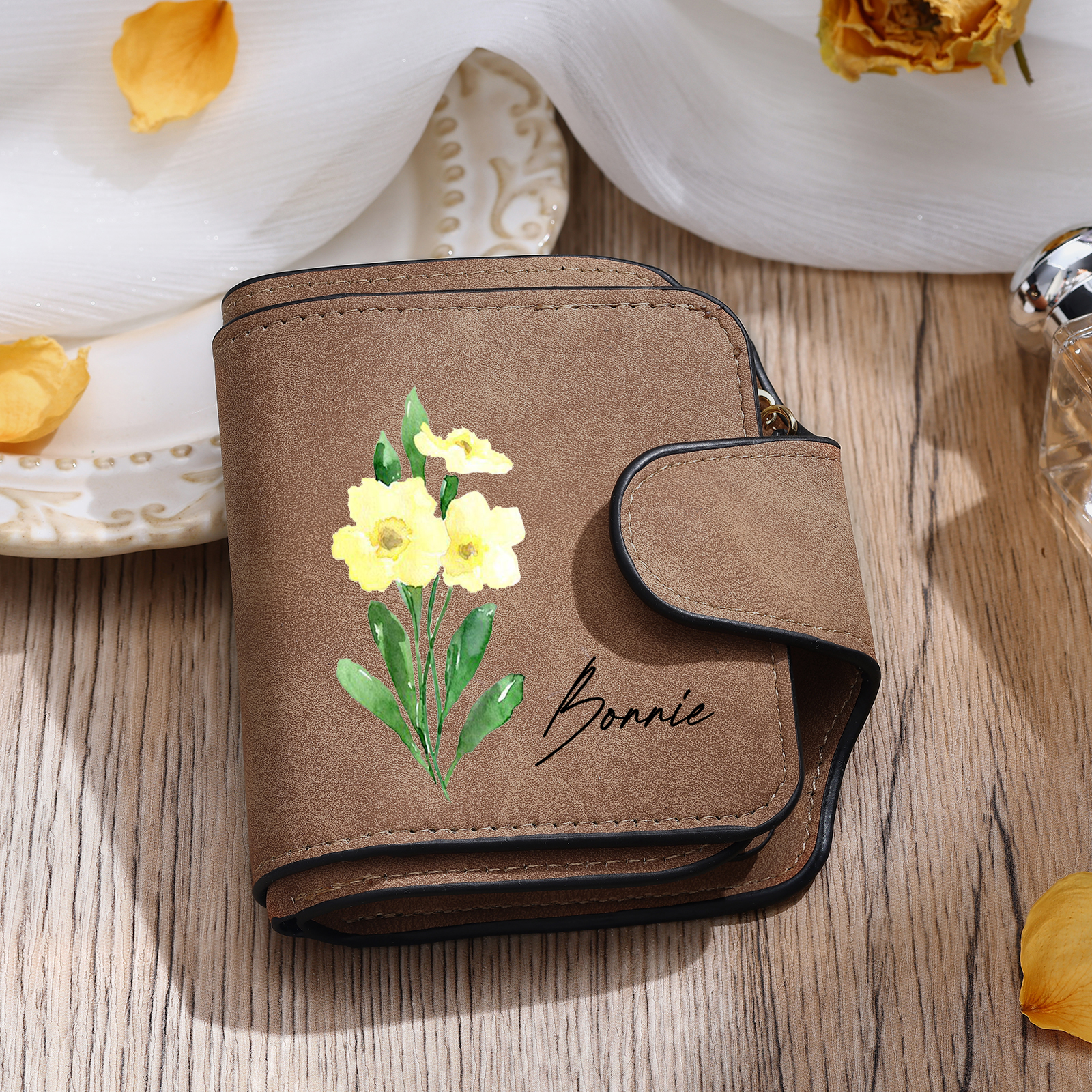 1 Name Personalised Birth Flower Women's Wallet - Custom Purse for Mum | Jessemade