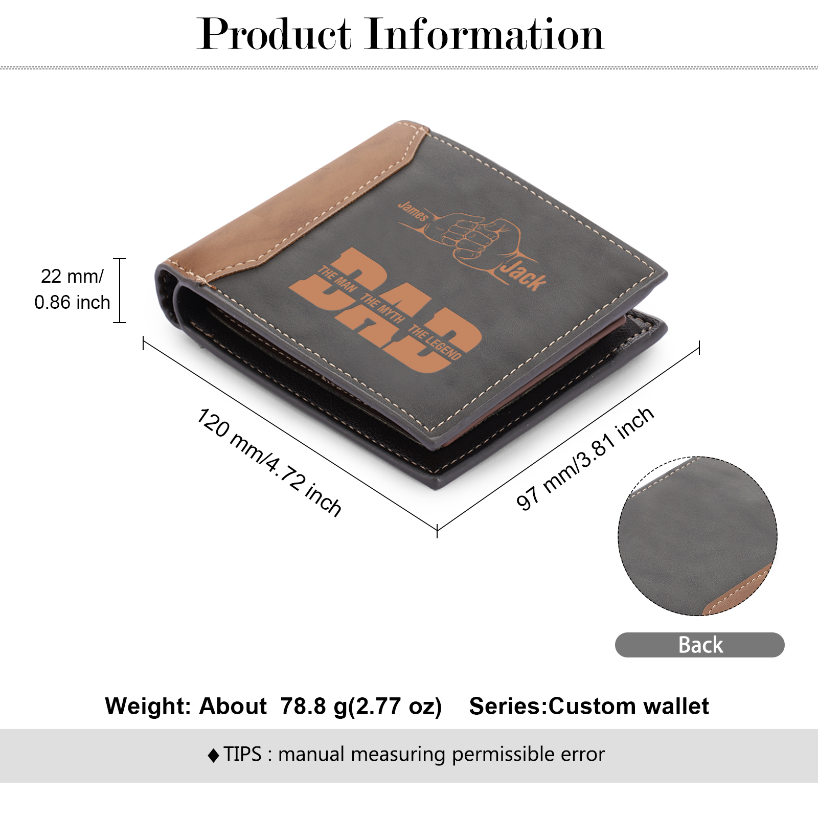 Personalized Men's Leather Wallet Custom 2–9 Names Billfold Wallet Fist Bump Gift for Dad - The Man, The Myth, The Legend