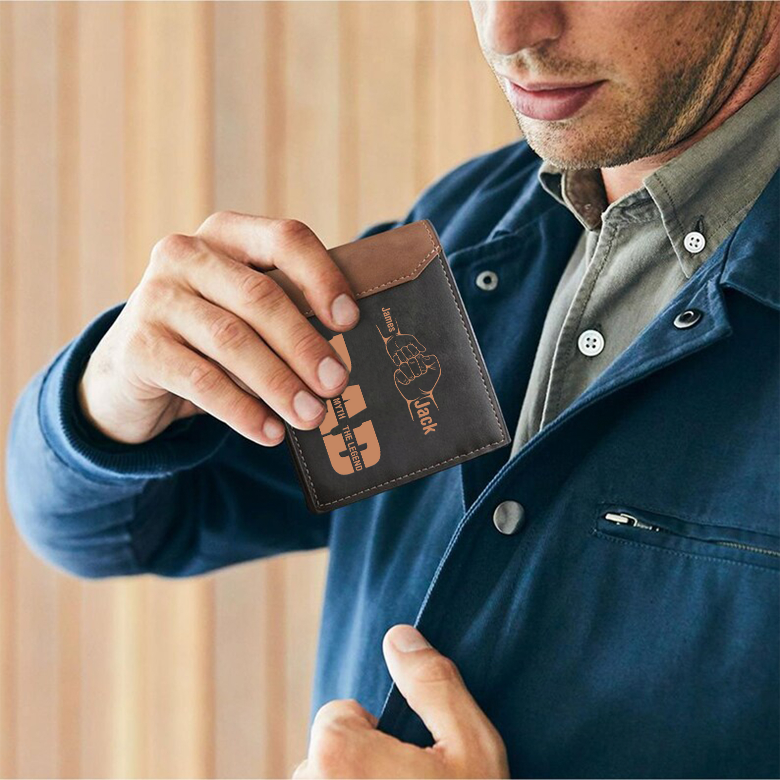 Personalized Men's Leather Wallet Custom 2–9 Names Billfold Wallet Fist Bump Gift for Dad - The Man, The Myth, The Legend