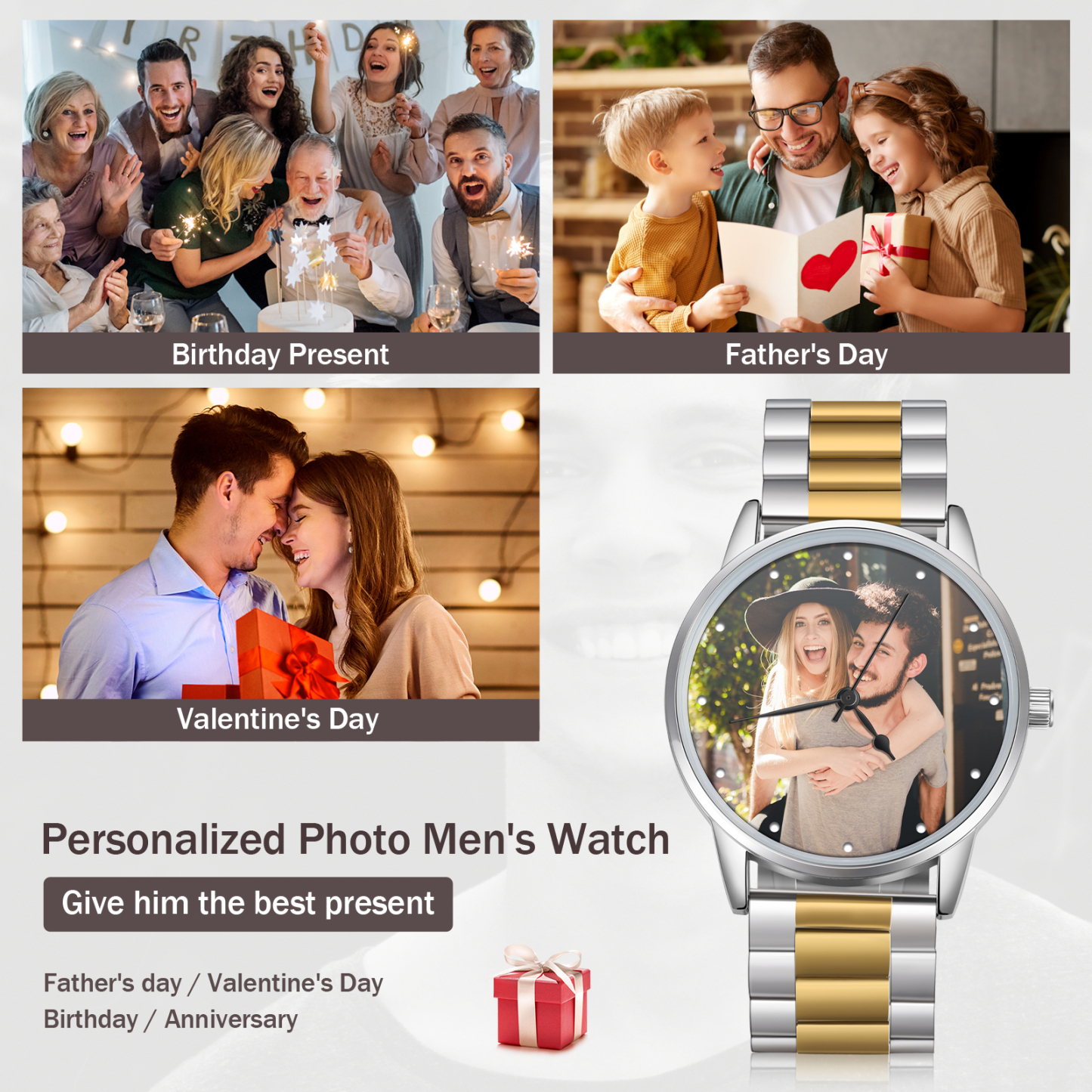 Personalized Photo Men's Watch with Custom1 Photos and 1 Text Watch Gifts for Him | Jessmade