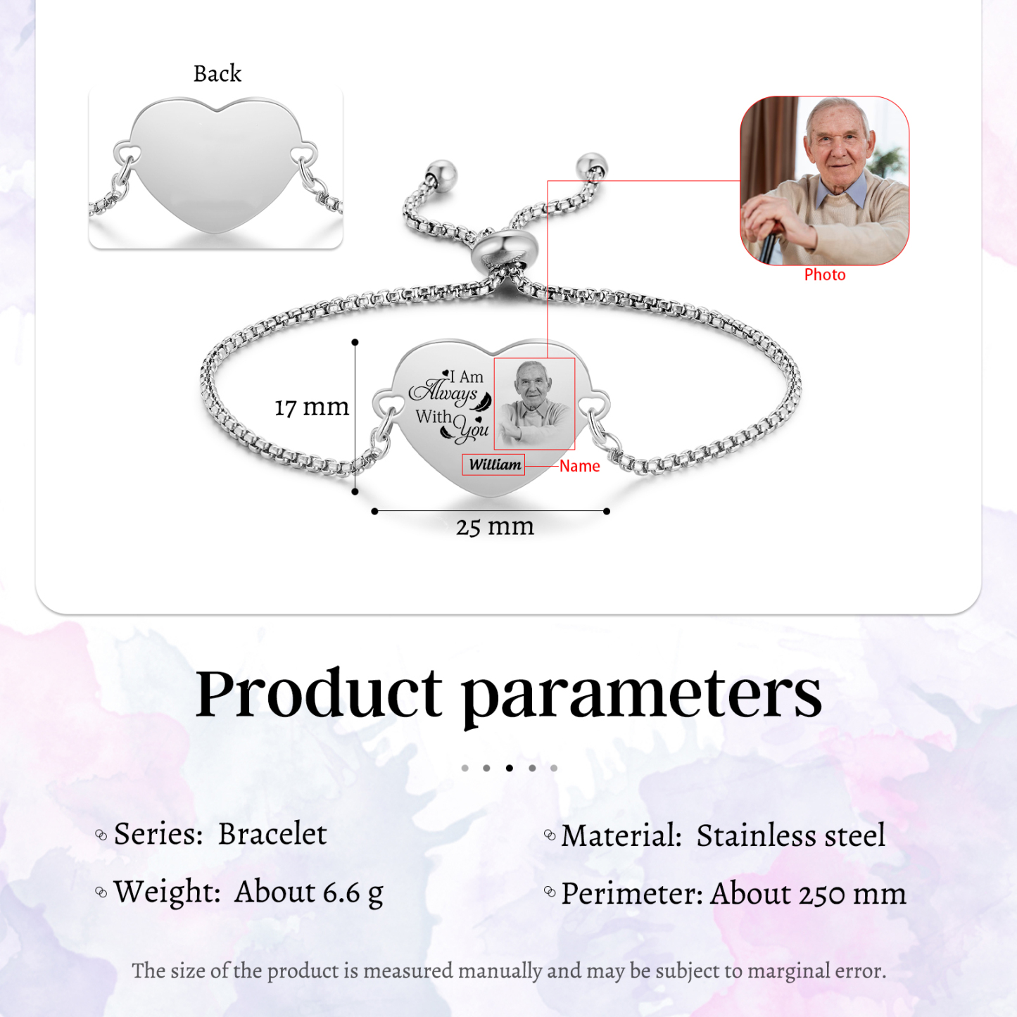 Personalised Memorial heart bracelet with photo -I am always with you