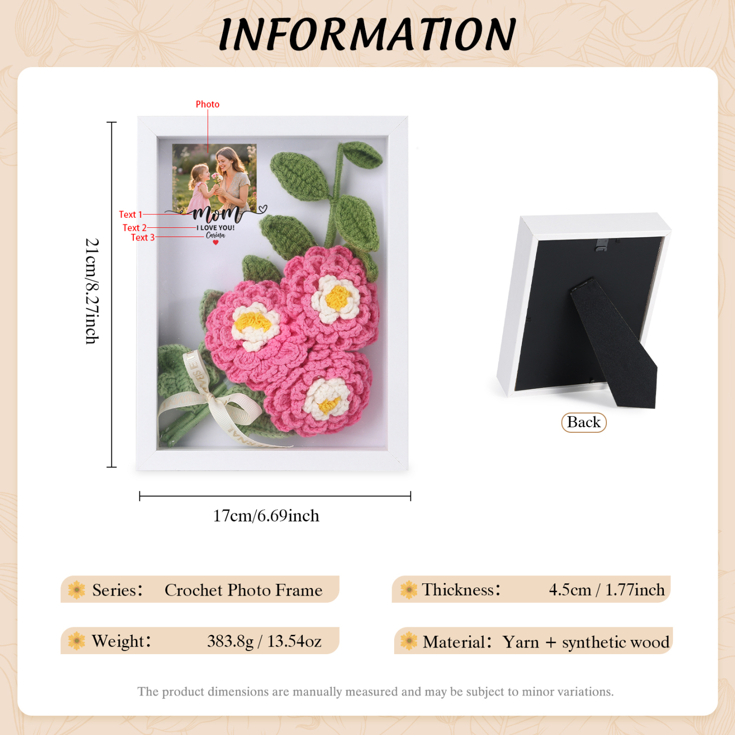 Personalised 3D Peony Crochet Flower Shadow Box Frame