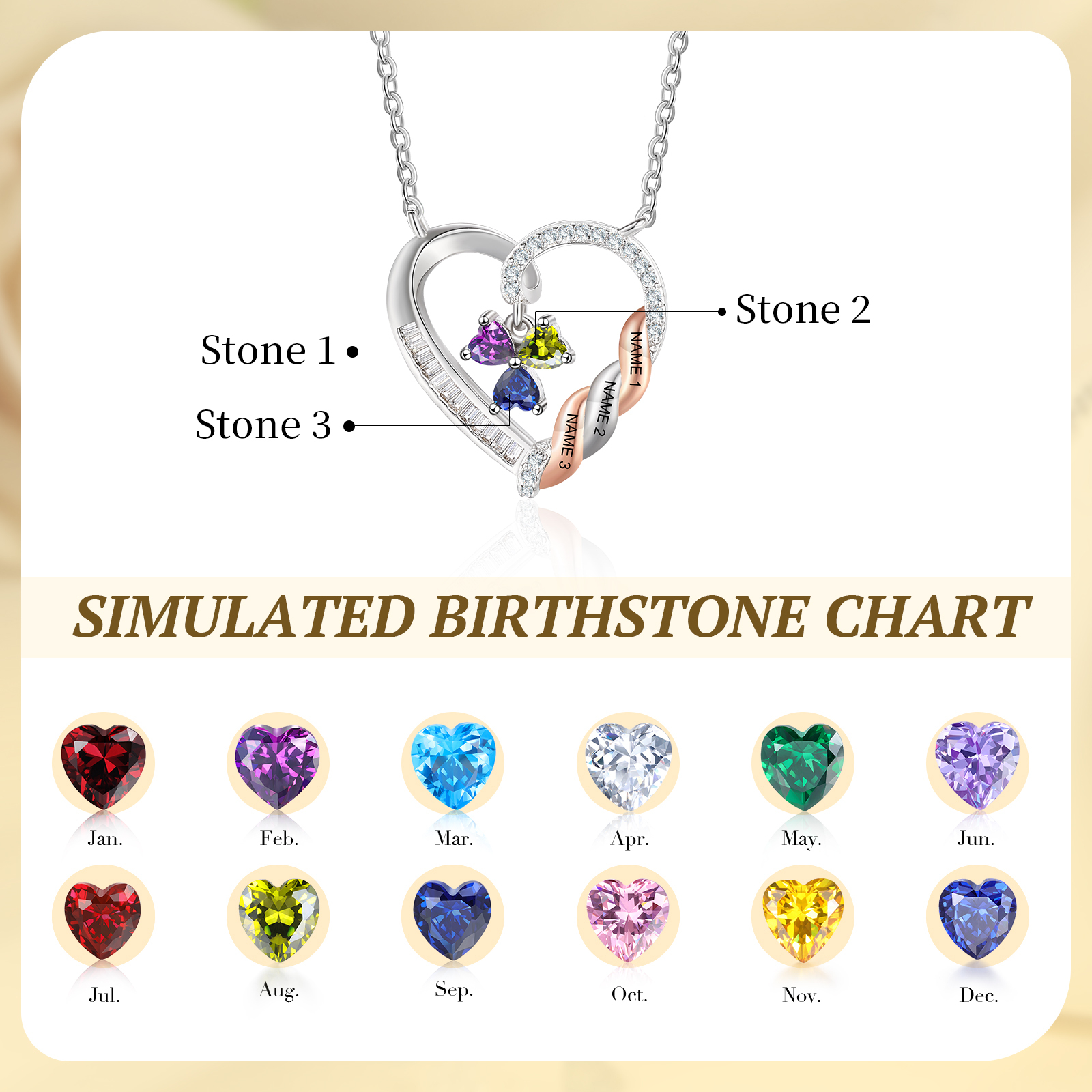 Personalised 2-4 Birthstones Heart Necklace