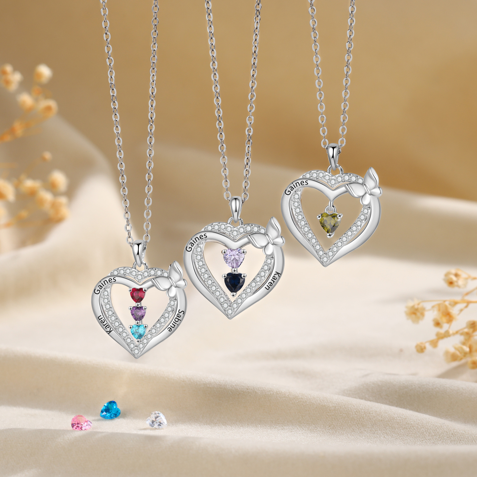 Personalised 1-3 Names Butterfly Heart Birthstone Necklace