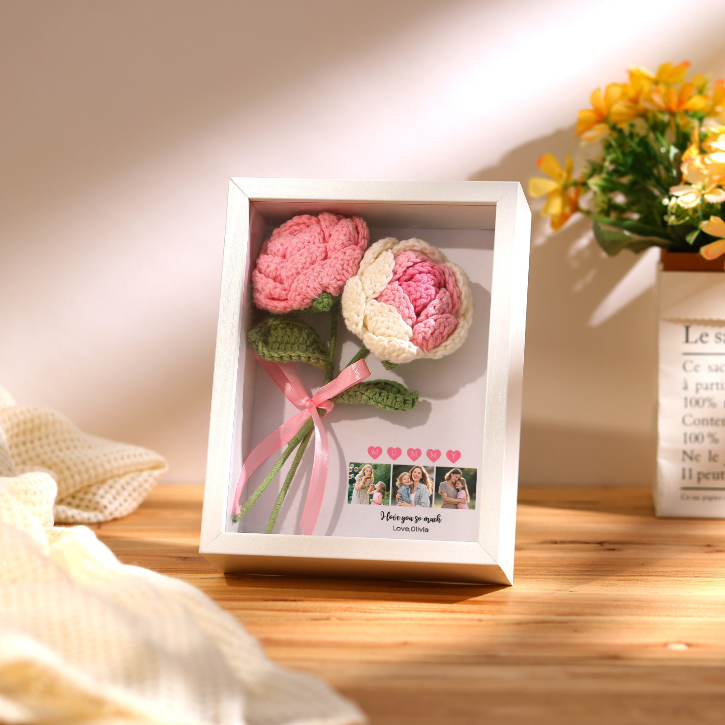 Personalised 3D Peony Crochet Flower Shadow Box Frame