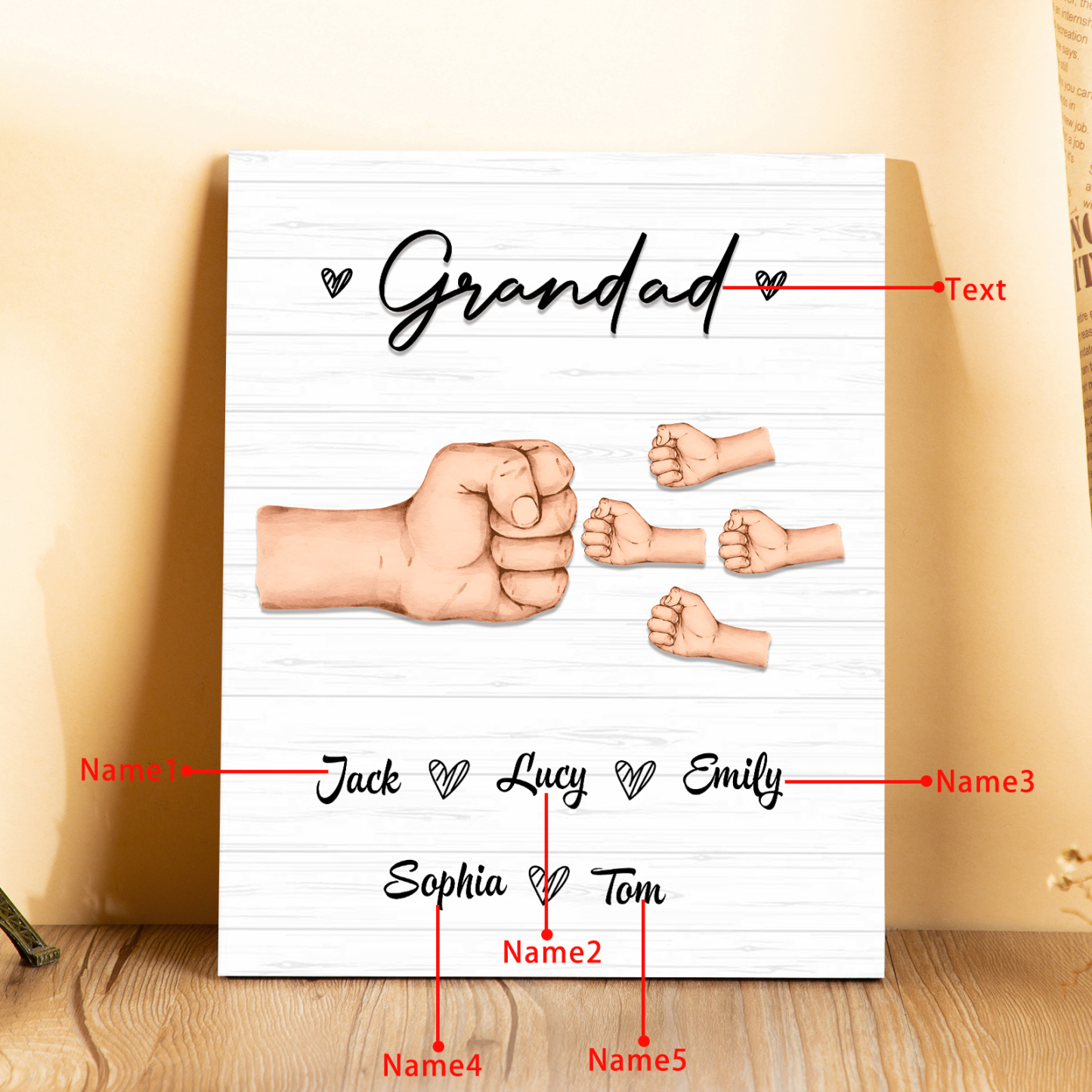 5 Names - Personalised Wooden Ornament Fist Bump Style Engraved Name and Text Ornament for Dad