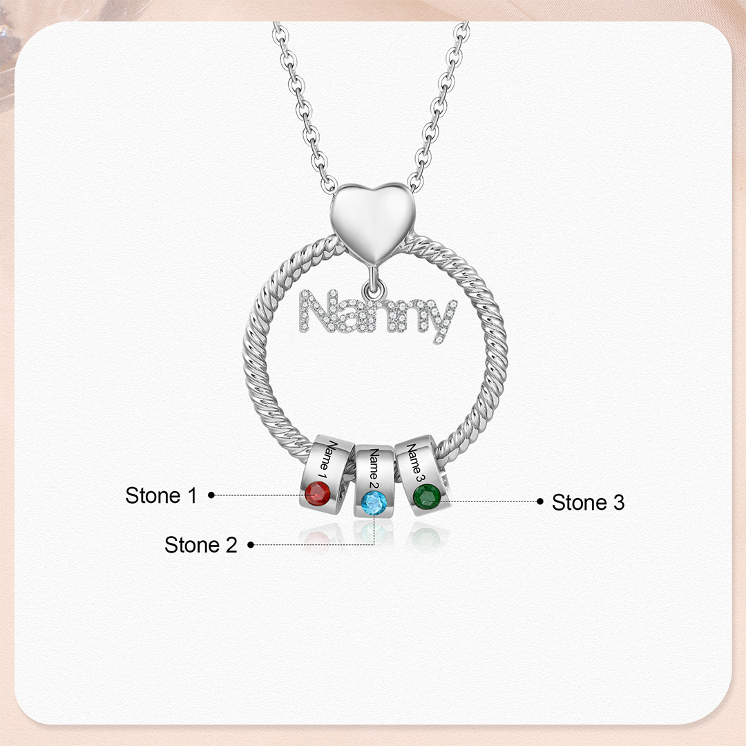 3 Names-Personalised Nanny Circle Necklace With 3 Birthstones Pendant Engraved Names Gift For Nanny