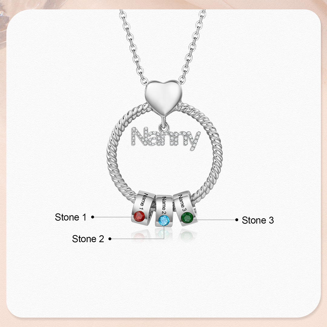 3 Names-Personalised Nanny Circle Necklace With 3 Birthstones Pendant Engraved Names Gift For Nanny