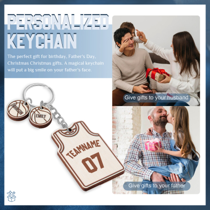 Personalised Text & Numbers & 2 Names Wooden Basketball Keyring for Him