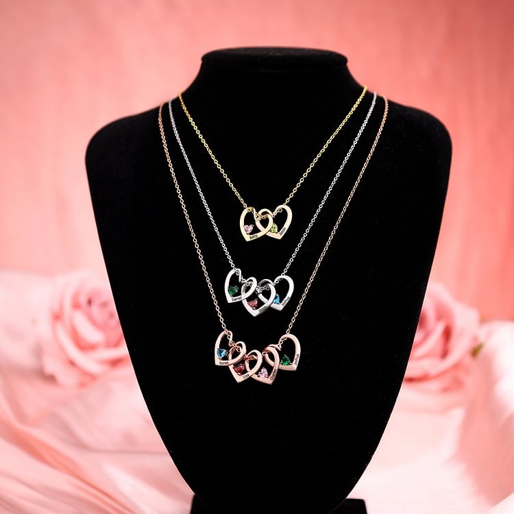 4 Names- Personalised Birthstone Necklace Set with Rose Gift Box - Customized Love Pendant Necklace Engraved Name Gift for Her