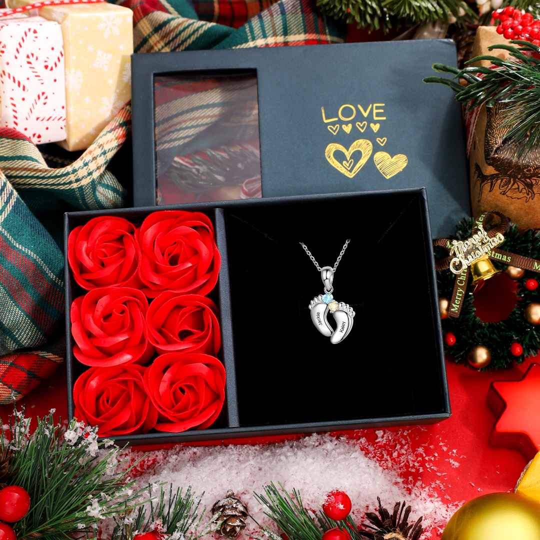2 Names-Personalised Baby Foot Necklace Gift Set With Rose Box-Custom Women Necklace With 2 Birthstones Engraved Names Gift For Mother/Her