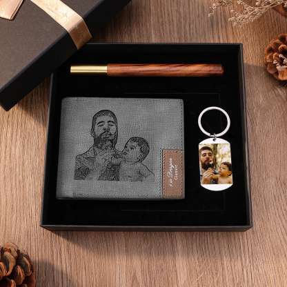 Personalised 2 Photos Set Custom Grey Wallet & Keychain & Pen Gift Box Set Father’s Day Gift