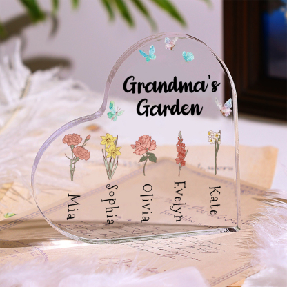 2 Names-Personalised Grandma's Garden Acrylic Customize Birthday Flowers Ornament Gifts-Special Heart Keepsake Desktop Ornament for Grandma