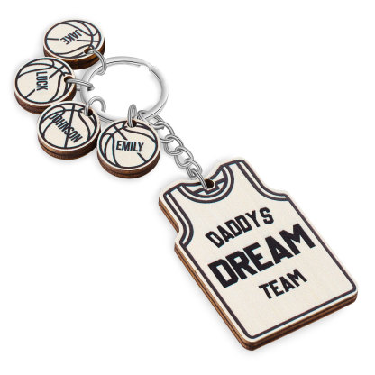 Personalised Text and 4 Names Wooden Basketball Keyring For Dad