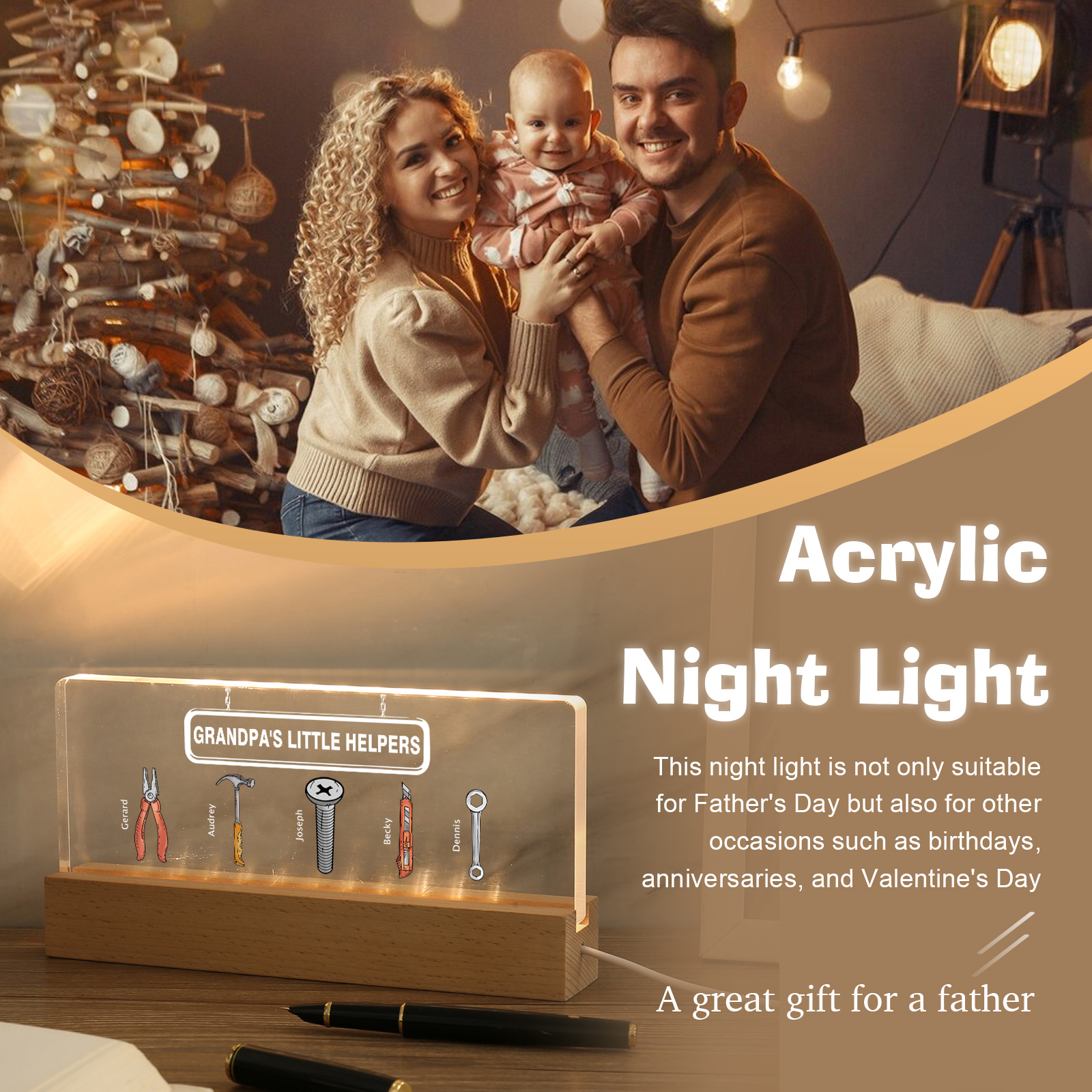 5 Names - Personalised Repair Tool Pattern Table Lamp Customized Text Father's Day Gift for Grandad/Dad