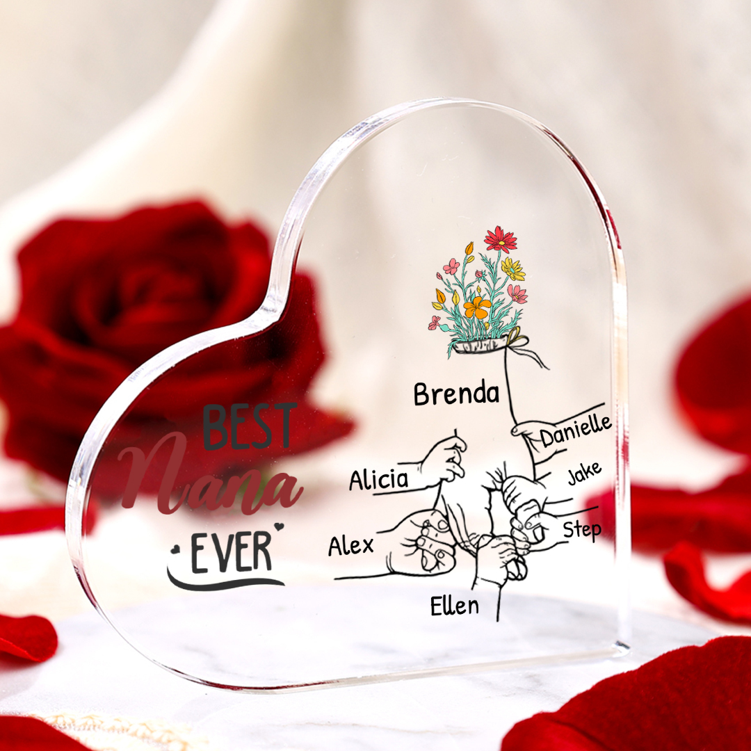 Personalised Acrylic Heart Keepsake Custom 2–7 Names Ornaments Flower Gifts for Grandma - Best Nana Ever