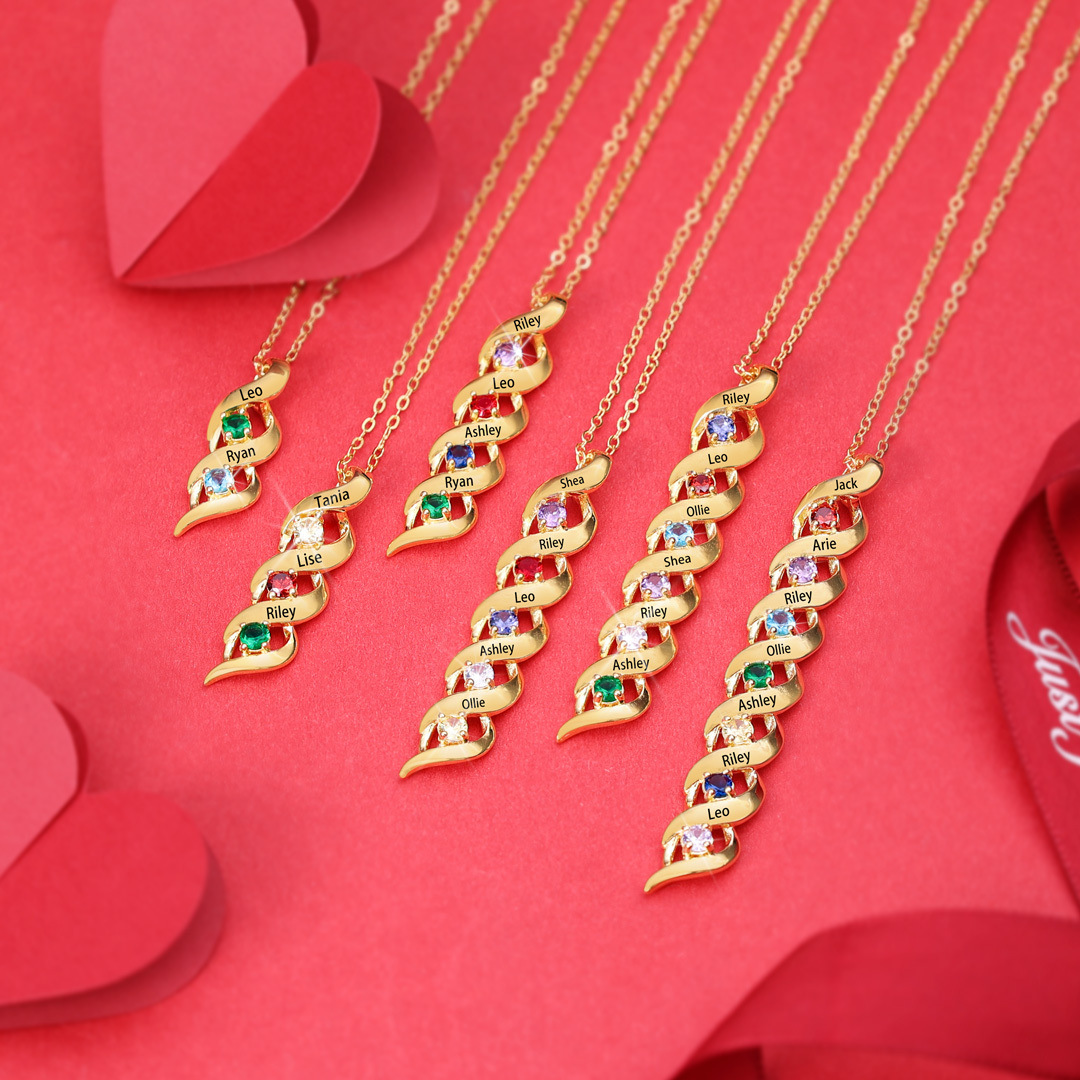 3 Names-Personalised Necklace Cascading Pendant with 3 Birthstones Engraving 3 Names Gifts for Her