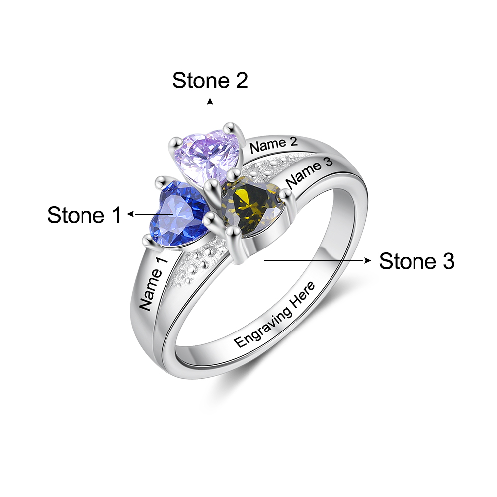 Personalised Heart Birthstone Ring with Engraving 3 Names and 3 Birthstones Ring Gifts For Her | Jessmade