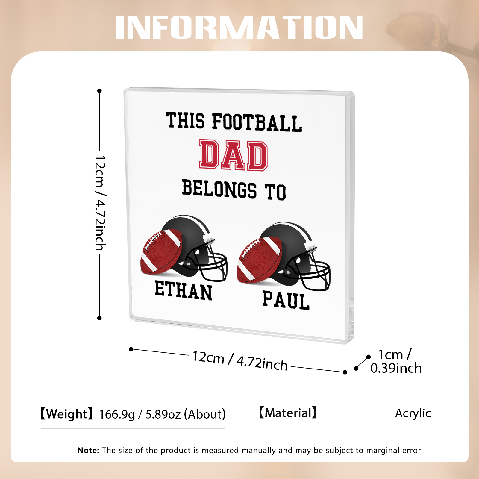 2 Names -Personalised Football Acrylic Keepsake Customized Name Acrylic Plaque Ornament Father's Day Gift for Dad