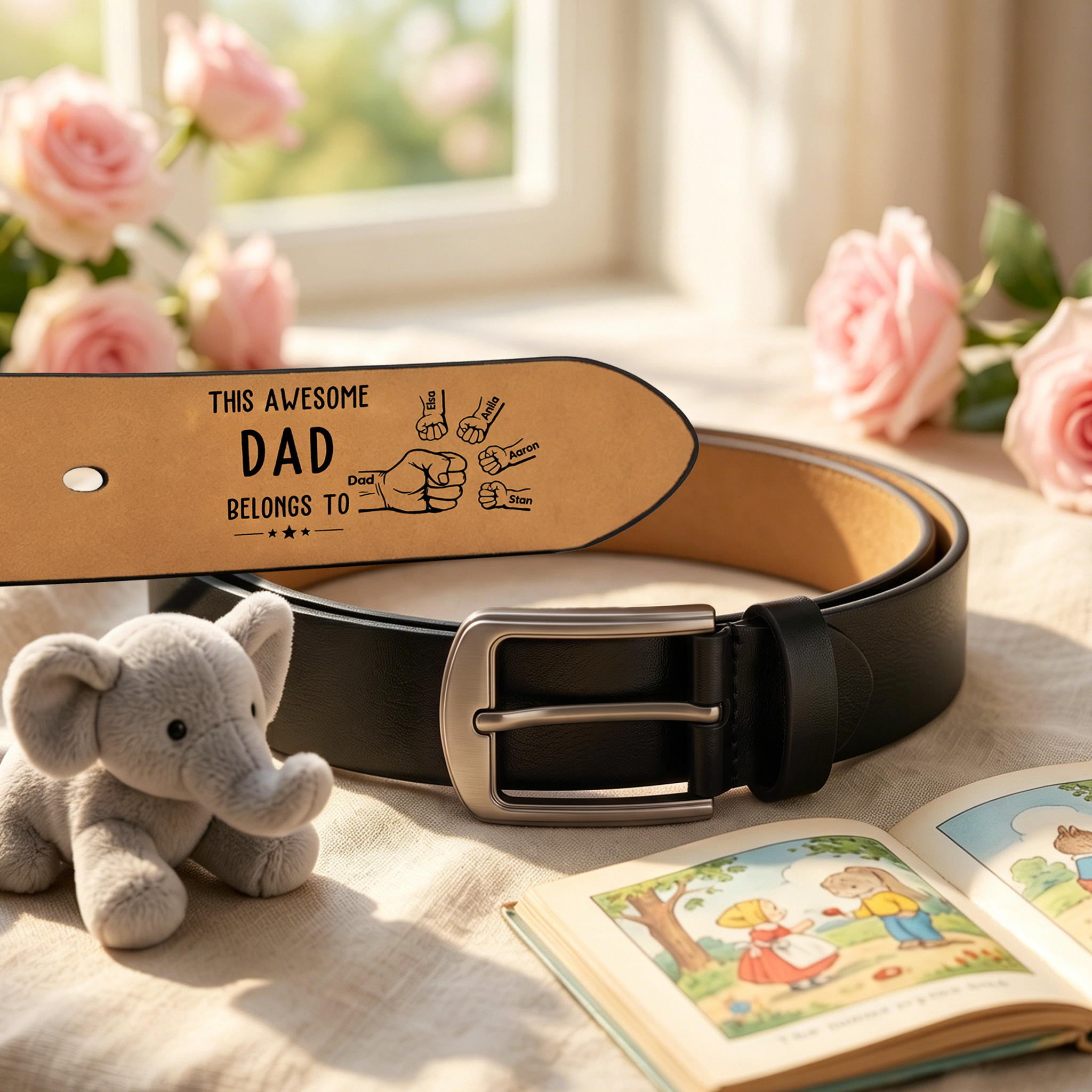 Personalised Fist Leather Belt with 2-7 Names & 1 Nickname, Custom Adjustable Man Belt Gift for Dad