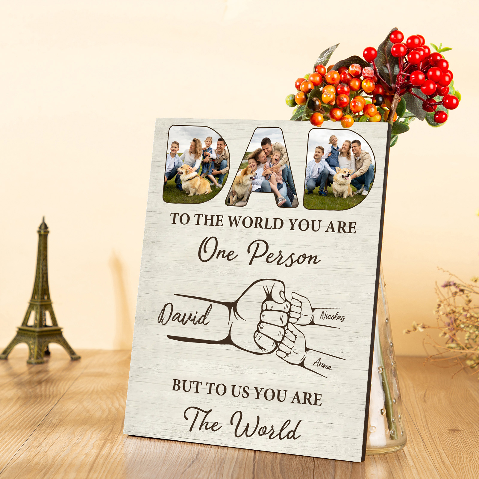 3 Names - Personalised Photos Fist Bump Home Wood Panel Painting Decorations Father's Day Gift for Dad