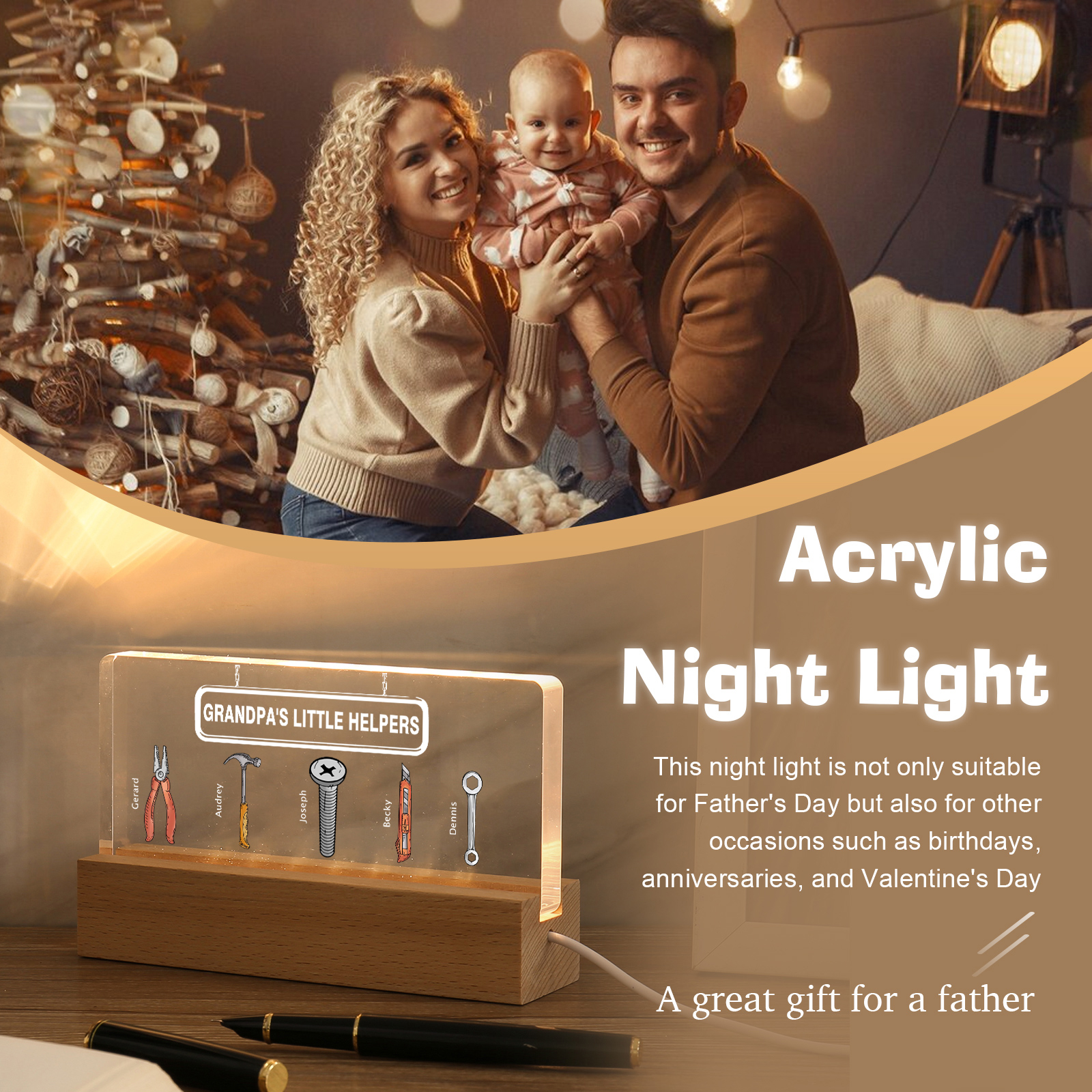5 Names - Personalised Repair Tool Pattern Table Lamp Customized Text Father's Day Gift for Grandad/Dad