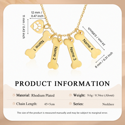 4 Names - Personalised Heart and Bones Charm Pendant Necklace, Custom Name Gift for Her